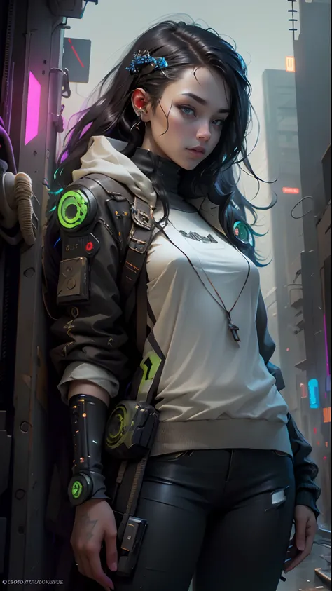 ((Best Quality)), ((Masterpiece)), (Very detailed:1.3), 3D, Beautiful (Cyberpunk:1.3) Female hacker, thick hair, revealing clothes, operating computer terminals, computer servers, LCD screens, fiber optic cables, corporate logos, HDR (High Dynamic Range), ...