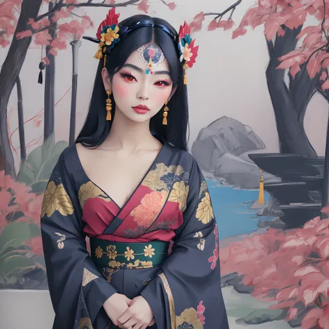 Photo realistic, Oriental Memento Mori Description: In a traditional Japanese garden veiled in an eerie mist, a Gothic oriental girl, clad in a vibrant and colorful kimono, stands beside a serene pond. Her kimono, a vivid tapestry of crimson, cobalt blue, ...