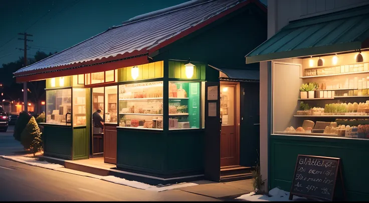 Create an anime background as if it were a landscape at night with a café in front. A man and a woman are out front driving a frozen green drink