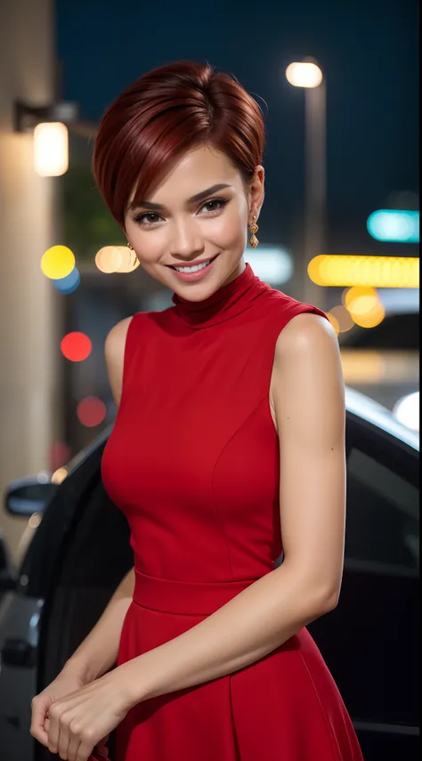 Malay girl, very short red hair, side swept pixie haircut, wear soft blue Mini peplum backless Dress , laughing and posing with hand on head, touching her own head, wear handbag, from back view, windy, detail skin, age spot, detail skin texture, mole below...