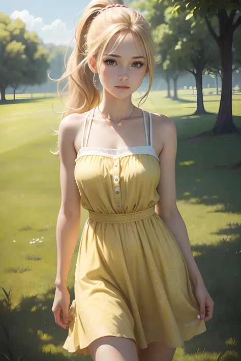 photorealistic,realistic, solo, photorealistic, best quality, ultra high res, 1girl,, , blonde hair in a ponytail, wearing a yellow sundress, breeze blowing through the grass,, , 1girl,, beautiful, masterpiece, best quality, extremely detailed face, perfec...