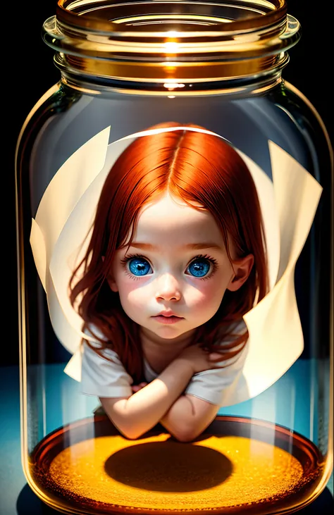 Epic Top Image Resolution A Blue-Eyed Red-Haired Little Girl Mine Inside A Glass Jar Ultra Detailed Ultra Realistic Shadows