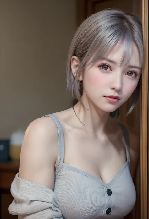 (8K, Photorealistic, Raw photo, of the highest quality: 1.3), (1girl in), Super beautiful, (Realistic face), (boyish, Silver Color Berry Shorthair), Beautiful , Glare that captivates the viewer, Beautiful expression, Beautiful breasts, (Realistic skin), Be...