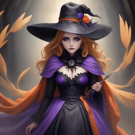 Bruja guapa rubia, ojos azules, sombrero de bruja, malefica, vestido largo morado, manos detalladas con un reloj de arena, fondo tetrico naranja, alss de plumas