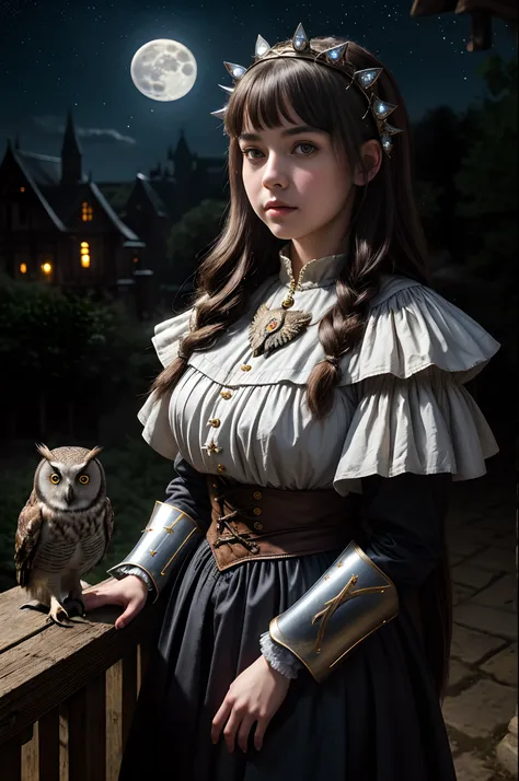 "raw photo, best, masterpiece, best quality, high quality, extremely detailed, a very cute girl from medieval times with an owl ...