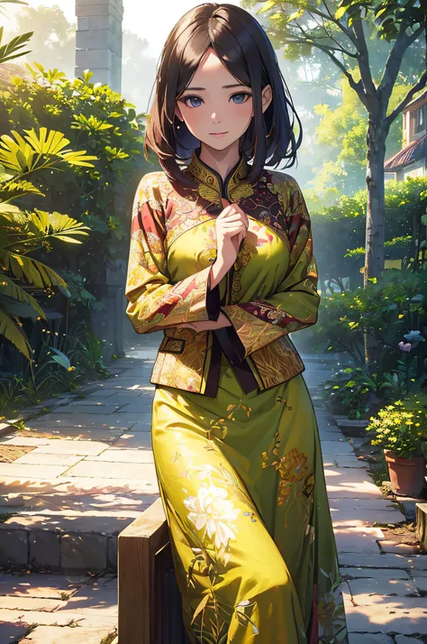 A girl in a garden, kebaya (batik style), Java style, with a powerful batik aura, (best quality, 4k, highres, masterpiece:1.2), ultra-detailed, (realistic, photorealistic, photo-realistic:1.37), vibrant colors, serene lighting