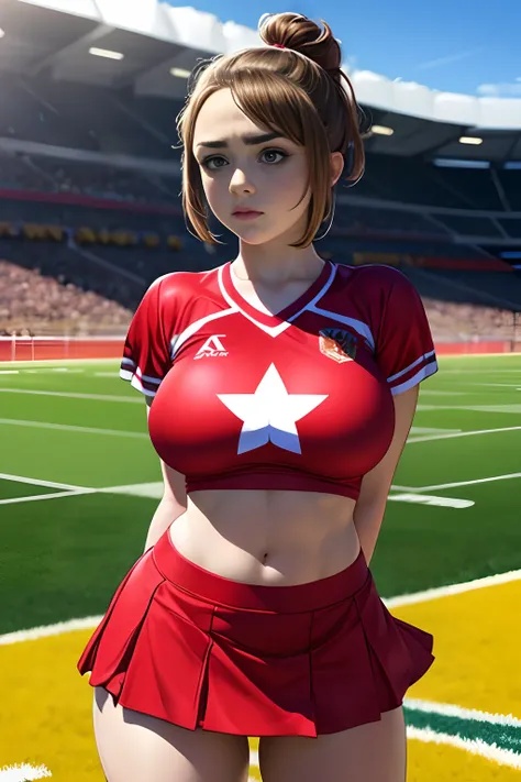 Maisie Williams, brown hair, pouting, pouty face, cheerleader uniform, short skirt, tight shirt, on football field, sunny day, massive breasts,