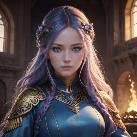 (best quality,4k,8k,highres,masterpiece:1.2),ultra-detailed,(realistic,photorealistic,photo-realistic:1.37),intricate clothing,flowy multi-colored hair,blue eyes,women representation of war, goddess of war and fire,female figure,beautiful detailed eyes,lon...