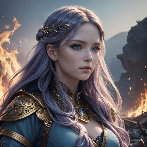 (best quality,4k,8k,highres,masterpiece:1.2),ultra-detailed,(realistic,photorealistic,photo-realistic:1.37),intricate clothing,flowy multi-colored hair,blue eyes,women representation of war, goddess of war and fire,female figure,beautiful detailed eyes,lon...