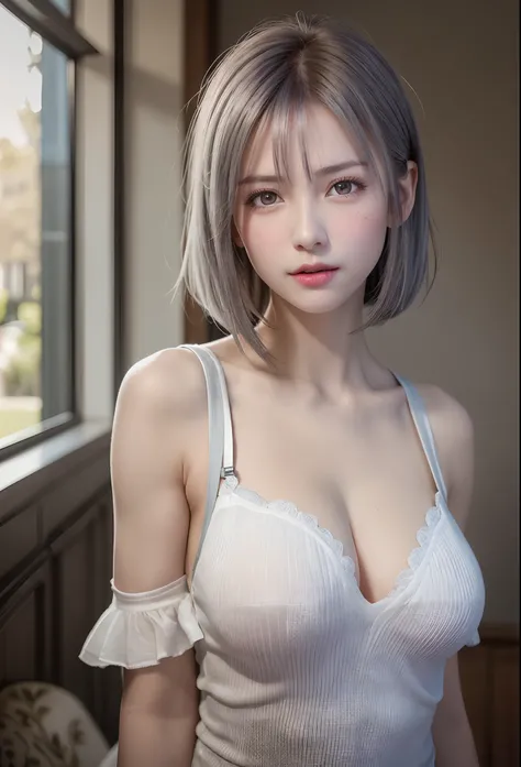 (8K, Photorealistic, Raw photo, of the highest quality: 1.3), (1girl in), Super beautiful, (Realistic face), (boyish, Silver Color Berry Shorthair), Beautiful , Glare that captivates the viewer, Beautiful expression, Beautiful breasts, (Realistic skin), Be...