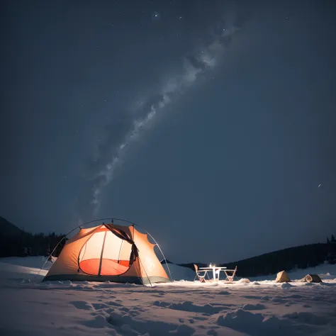 Show an image of the hikers abandoned tent in the middle of a snowy night, evoking the eerie atmosphere of their disappearance.