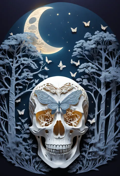 ((((Masterpiece))), Best quality, Illustrations, Beautiful details glow,
Paper_cut, skeleton head，Skull details are clearly visible, tree, Moon, Butterfly,