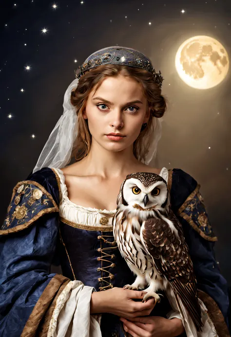 "RAW photo, best, masterpiece, best quality, high quality, extremely detailed, a very cute girl from medieval times with an owl on her shoulder, dressed in period clothing, it is night, there is a full moon and many stars."