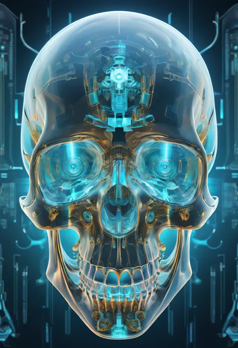 Translucent ethereal mechanical skull，Futuristic virtual holographic digital image background，（Doubleexposure：1.8），Complex illustrations in surrealist art style，Surreal dreams，Incognito as a virtual hologram skull，Transparent skull，Virtual holographic digi...