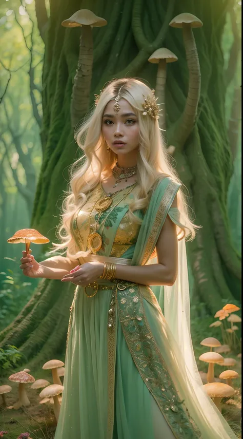 Create a mystical forest portrait with the Malay woman in an ethereal, flowy gown, medium blonde hair with bangs, posed among ancient trees and glowing mushrooms, embodying the enchantment of the woods.