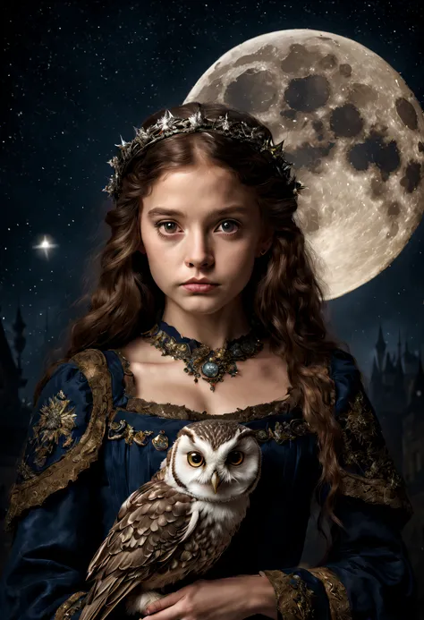 "RAW photo, best, masterpiece, best quality, high quality, extremely detailed, a very cute girl from medieval times with an owl on her shoulder, dressed in period clothing, it is night, there is a full moon and many stars."