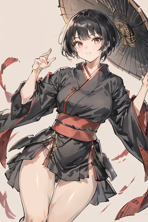 masutepiece, Best Quality, ultra - detailed， natta、 Black hair, 4K,1girll，独奏，Delicate face，Kimono、A black、Good youth、Combat readiness、Looking at the camera、Ready、Lively、180 cm、girl with、short-cut、Cute and cool、Long body、thighs thighs thighs thighs、tall、Sho...