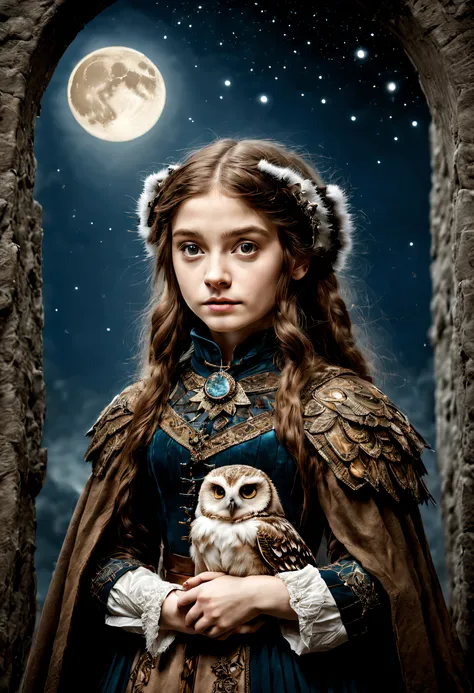 "RAW photo, best, masterpiece, best quality, high quality, extremely detailed, a very cute girl from medieval times with an owl on her shoulder, dressed in period clothing, it is night, there is a full moon and many stars.Tolkien-style magical atmosphere."