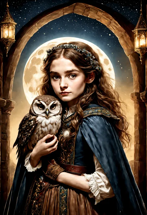 "RAW photo, best, masterpiece, best quality, high quality, extremely detailed, a very cute girl from medieval times with an owl on her shoulder, dressed in period clothing, it is night, there is a full moon and many stars.Tolkien-style magical atmosphere."