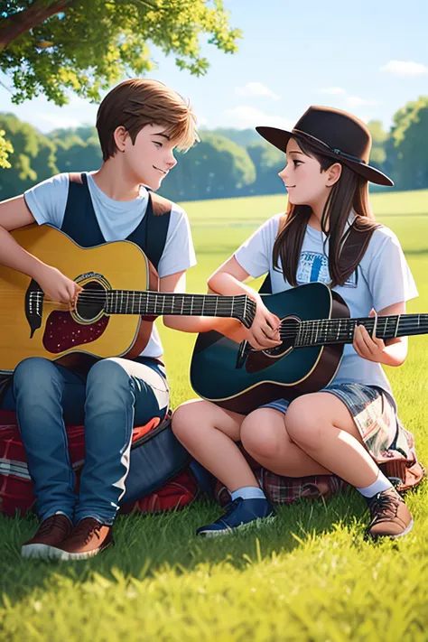 Two country culture teenagers playing guitar