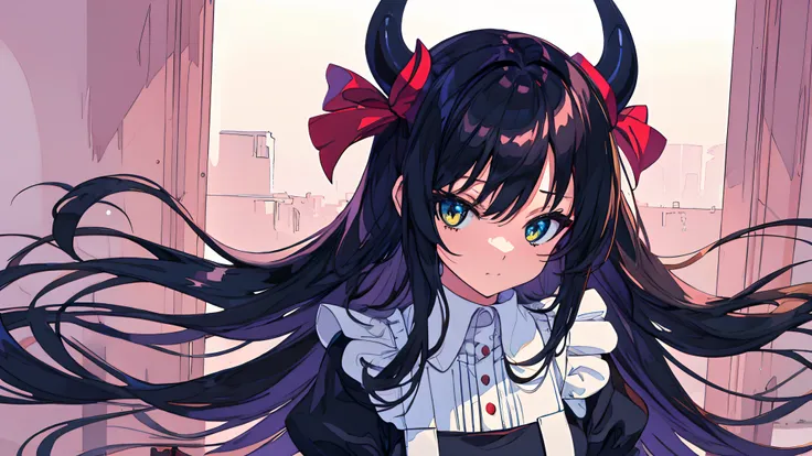 white eyed anime girl black hair gothic maid horns