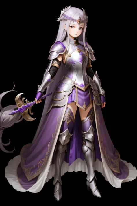 Her name is「Grauschel von Horsfield」、Girl from Another World（１６age）、silber hair、Straight Long、Purple eyes＋Tsuriformes、Darkness Fall、RED dress、armor