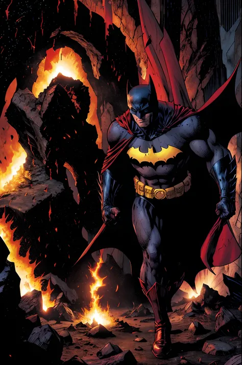 batman esta no inferno, inferno de dante,  and tries to get out of the red lavas around him with the strength of the angels of h...