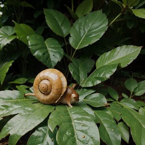 A snail walking on a leaf, forest area, green theme