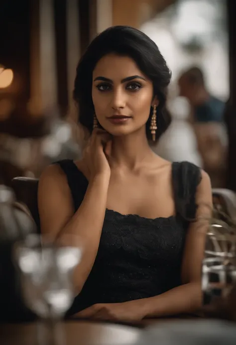 young indian, thin, medium breasts,, straight black hair, sitting in restaurant