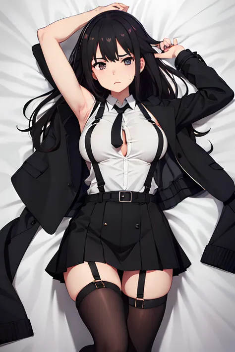 ,Belt bag,Suspenders Black Miniskirt　garterbelts　knee high　Stockings　Black Niso　Colorcon armpit sweat　perspiring　Side of both hands,Black jacket,Gaze,ample bosom,Armpit sweat,Exposing the armpits"Tight clothes、Cuffed、wristbands　Lie on the bed with your han...