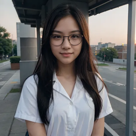 Very young female, half chinese, small slit-eyed, glasses, black hair, flawless white skin, long hair, photorealistic, best quality, hyper detailed, middle school student, beautiful woman, selfie photo, upper body, solo, wearing uniform, smiling at city, s...