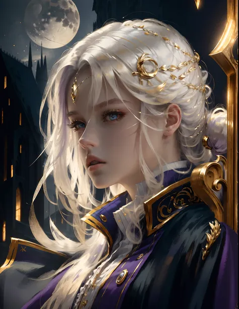 unbeatable masterpiece, Highest Quality, (solo focus), (perfect faces:1.1), (High Detail:1.1),Dramatic, 1guy, (pale-skin), long white hair, gold Eyes, Solo, Long hair, the moon, natta, Purple Mage Uniform, Pouty Lips, covered, Magic City, detailed backgrou...