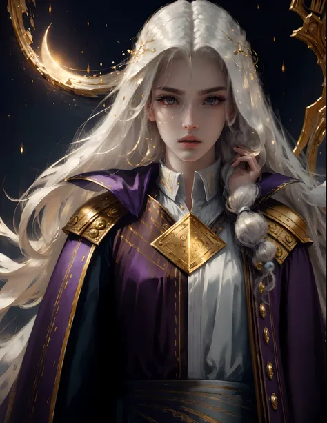 unbeatable masterpiece, Highest Quality, (solo focus), (perfect faces:1.1), (High Detail:1.1),Dramatic, 1guy, (pale-skin), long white hair, gold Eyes, Solo, Long hair, the moon, natta, Purple Mage Uniform, Pouty Lips, covered, Magic City, detailed backgrou...