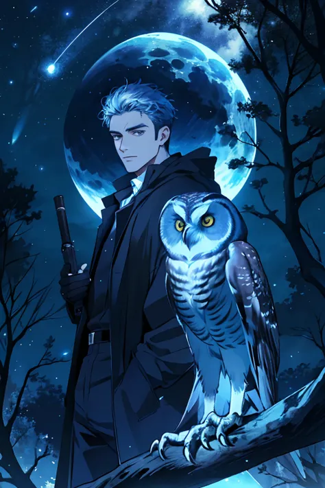 (((masterpiece))),best quality,illustration,beautiful detailed glow, 1 man, night sky, owl, tree