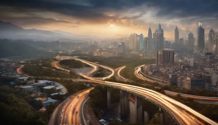 Best quality, 超高分辨率, (Photorealistic:1.4), Masterpiece, The background is blurred out,The main body is a bustling city on a ring，Traffic shuttles through the ring road，In the daytime ，birds eyes view