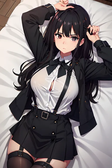 ,Belt bag,Suspenders Black Miniskirt　garterbelts　knee high　Stockings　Black Niso　Colorcon armpit sweat　perspiring　Side of both hands,Black jacket,Gaze,ample bosom,Armpit sweat,Exposing the armpits"Tight clothes、Cuffed、wristbands　Lie on the bed with your han...