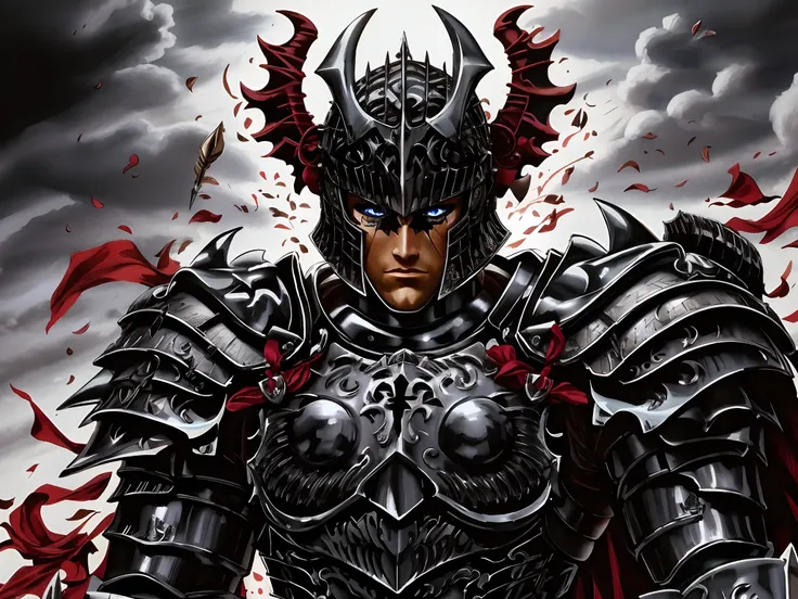 um close up de um homem de armadura com uma espada, Berserk Skullknight Armadura Negra, ares com armadura pesada e espada, Retrato de Guts de Berserk, Estilo de arte Berserk, Tripas de Berserk, cavaleiro do mal, gothic knight, guerreiro de fantasia em arma...