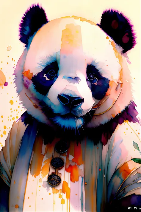 wtrcolor style, digital art for (panda character), official art, closeup, masterpiece, beautiful, ((watercolor)), front face, smile, detailed eyes, paint splatter, intricate details, very detailed, [dripping:0.7], Trending on Artstation, Jean Haines,