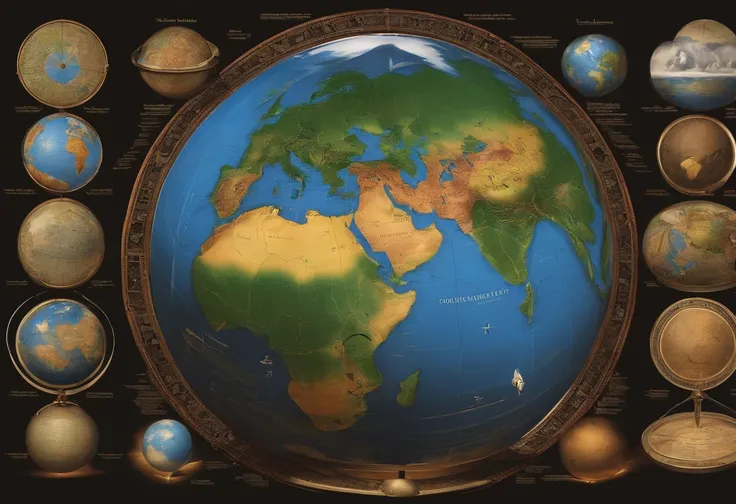 Visual elements that underline the global scope of the Theory of Evolution, including the depiction of a terrestrial globe highlighting various regions of the world