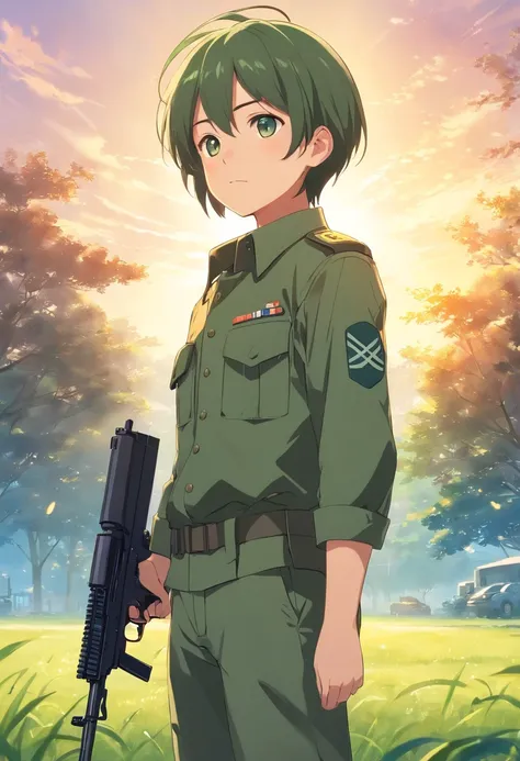 Boy soldiers，Wearing a military helmet，Wearing a military uniform，The rank is 3rd Classmate，Dark green hair，machine guns，Gatling，Ammunition is plentiful，Full fire，On the lawn，There is a rank on the helmet