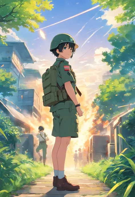 Boy soldiers，Wearing a military helmet，Wearing a military uniform，The rank is 3rd Classmate，Dark green hair，machine guns，Gatling，Ammunition is plentiful，Full fire，On the lawn，There is a rank on the helmet