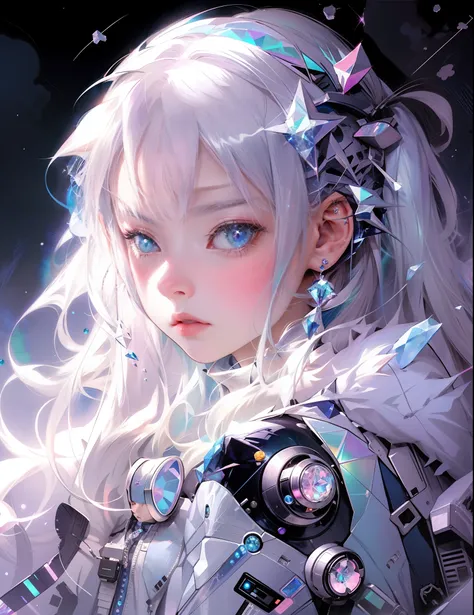 silver hair and body, cute tabby cat, anime stye badass girl, cute but powerful, whymsical, space themed, retro, cosmic, cat, futuristic, not on planet earth. Anime beauty, in the style of iridescent,colorful, crystalcore, colorful animations,silver and bl...