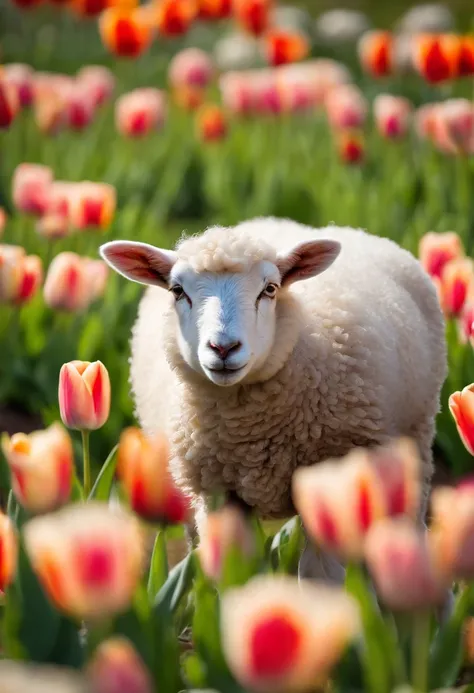 young sheep in tulips area