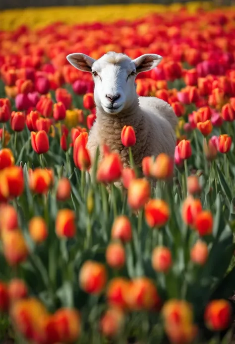 young sheep in tulips area