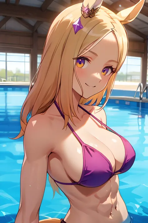 narita top road (umamusume), (ultra-detailed face), upper body, masterpiece, best quality, muscular body, abs, plain bikini, horse tail, pool, light smile, detailed clear eyes, frontage, big tits