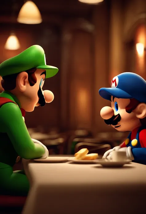 Portrait of Mario talking to Luigi in a restaurant