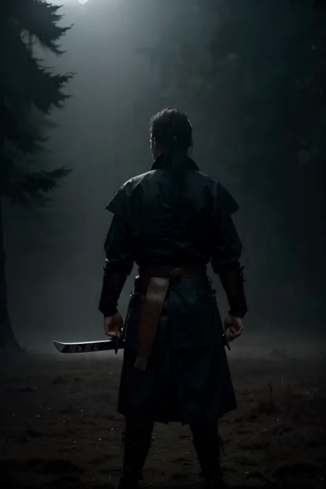 O espadachim estilo samurai, lone, Standing in the middle of a dense fog, With your sword raised in readiness, pronto para enfrentar as criaturas misteriosas emergindo das sombras.