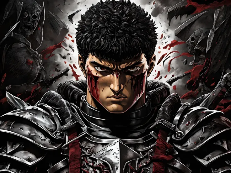 um close up de um homem de armadura com sangue no rosto, Estilo Berserk, Estilo de arte Berserk, sangue de Furioso, Tripas Berserk, Furioso, Tripas de Berserk, Retrato de Guts de Berserk, Tripas de Berserk, Furious manga, de Furioso, tripas, em Berserk Man...