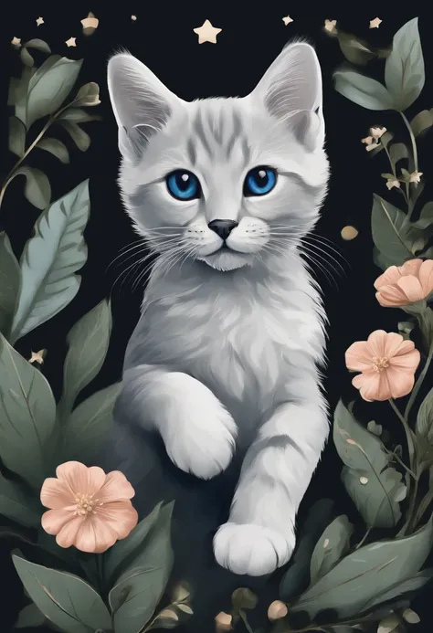 a sticker，Blue tone hand account，（A cute kitten），with black background， simple backgound， dk， adolable， Small， pastel colour， vectorstyle， no gradien