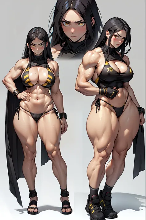 (girl huge breasts bodybuilder muscular toned body) pale skin black hair very long hair yellow eyes angry blushing embarrassed ((string bikini)) curvy wide hips thick thighs ((grey background full body))